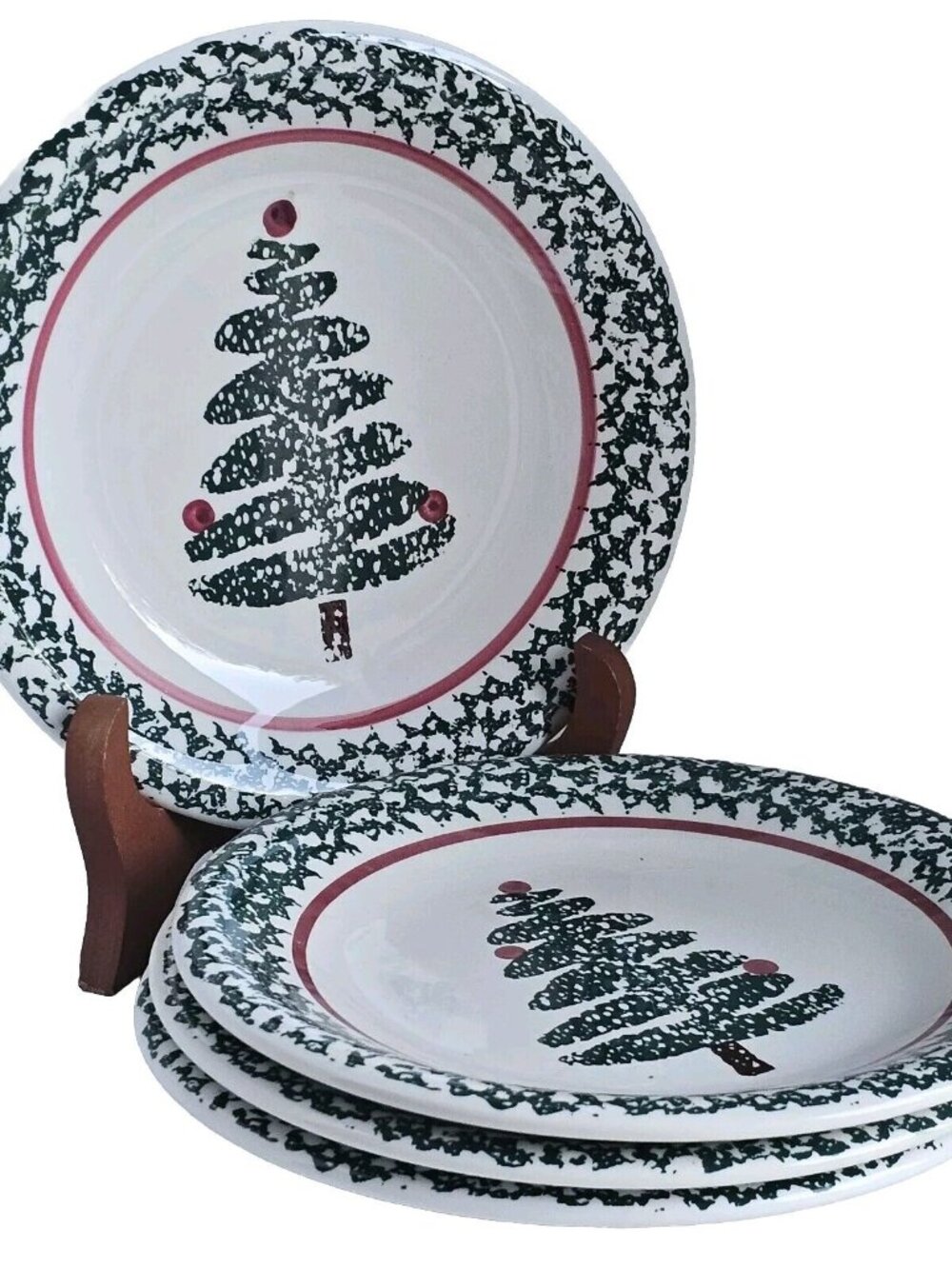 Furio Holiday Christmas Tree Dessert Salad Plates 8" Italy sponge painted handpa